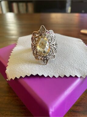 Silver Filigree Statement Ring with Citrine Oval Gemstone